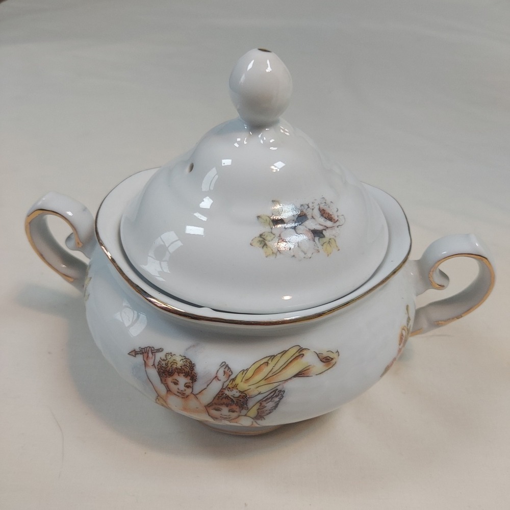 Trisa Porcelain Sugar Bowl with‎ Lid Cherub Angel Floral Gold Trim White Vintage